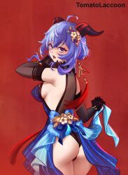 Rule 34 | 1girl, ahoge, artist name, ass, bare shoulders, black gloves, blue dress, blue hair, breasts, commentary, cowboy shot, detached sleeves, dress, ganyu (genshin impact), ganyu (twilight blossom) (genshin impact), genshin impact, gloves, hair ornament, highres, horns, large breasts, long sleeves, looking at viewer, medium hair, official alternate costume, open mouth, purple eyes, red background, simple background, sleeveless, sleeveless dress, solo, standing, tomatolacoon