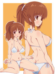 Rule 34 | 1girl, absurdres, alternate hairstyle, ass, back, bare legs, bikini, bikini day, border, breasts, brown eyes, brown hair, butt crack, cleavage, closed mouth, collarbone, commentary request, girls und panzer, hair ornament, highres, long hair, looking at viewer, makura ken, medium breasts, multiple views, navel, nishizumi miho, open mouth, ponytail, shoulder blades, side-tie bikini bottom, sideboob, sidelocks, simple background, sitting, smile, standing, swimsuit, thighs, wariza, white bikini