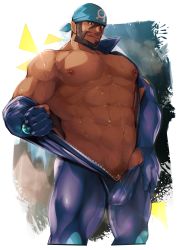 Rule 34 | 1boy, :q, abs, absurdres, archie (pokemon), bandana, bara, bare pectorals, beard, black eyes, blue bandana, blue bodysuit, bodysuit, brown hair, bulge, creatures (company), cropped legs, crow (siranui), dark-skinned male, dark skin, diving suit, facial hair, game freak, highres, large pectorals, long sleeves, male focus, male pubic hair, mature male, muscular, muscular male, mustache, navel, navel hair, nintendo, nipples, open bodysuit, open clothes, pectorals, pokemon, pokemon oras, pubic hair, short hair, skin tight, solo, stomach, thick thighs, thighs, tongue, tongue out, torn bodysuit, torn clothes, undressing, unzipped, wet, wetsuit