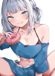 Rule 34 | 1girl, absurdres, bare shoulders, black bra, blue eyes, blue hair, blunt bangs, blush, bra, collarbone, doughnut, eating, food, gawr gura, grey hair, hair ornament, highres, holding, holding food, hololive, hololive english, kohika, looking at viewer, multicolored hair, navel, shark girl, solo, streaked hair, two side up, underwear, virtual youtuber