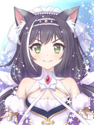 Rule 34 | 1girl, animal ear fluff, animal ears, bare shoulders, black hair, blush, bodice, bow, breasts, brooch, cat ears, cat girl, cleavage, closed mouth, commentary request, detached sleeves, dot nose, dress, green eyes, hair bow, headdress, jewelry, karyl (princess) (princess connect!), karyl (princess connect!), long hair, long sleeves, looking at viewer, multicolored hair, pearl hair ornament, princess connect!, puffy sleeves, s1a1nokoka, sidelocks, smile, solo, star (symbol), starry background, streaked hair, twintails, upper body, v-shaped eyebrows, white bow, white dress, white hair, white veil