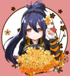 Rule 34 | 1girl, armor, blue hair, bouquet, brown eyes, fire emblem, fire emblem fates, flower, hair flower, hair ornament, hairband, holding, holding bouquet, japanese armor, japanese clothes, long hair, nintendo, oboro (fire emblem), pamm, solo, upper body