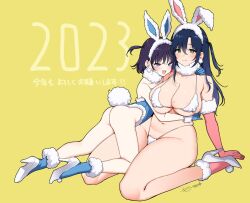 Rule 34 | 2girls, animal ears, areola slip, arm support, armpit crease, artist name, ass, bare shoulders, bikini, black hair, blue eyes, blue gloves, blue leotard, blue socks, blush, breasts, chinese zodiac, closed mouth, collarbone, commentary request, elbow gloves, fake animal ears, fake tail, fang, full body, fur-trimmed gloves, fur-trimmed legwear, fur-trimmed leotard, fur bikini, fur earring, fur trim, gloves, green eyes, happy new year, high heels, highres, hug, huge breasts, large breasts, legs, leotard, long hair, looking at viewer, mojarin (kihara mojarin), multiple girls, navel, nengajou, new year, one side up, open mouth, original, pink gloves, pink socks, pom pom (clothes), rabbit ears, rabbit tail, short hair, signature, simple background, small breasts, smile, socks, stomach, swimsuit, tail, thong, white bikini, year of the rabbit, yellow background