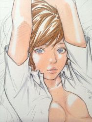 Rule 34 | 1girl, absurdres, blue eyes, breasts, brown hair, cleavage, dress shirt, eisaku11, covered erect nipples, highres, kubonouchi eisaku, lips, looking at viewer, open clothes, open shirt, original, parted lips, shirt, short hair, solo, traditional media