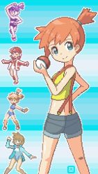 Rule 34 | 1girl, creatures (company), game freak, gen 1 pokemon, gen 2 pokemon, green eyes, highres, homu c, misty (pokemon), multiple persona, nintendo, orange hair, pixel art, pokemon, pokemon (anime), pokemon (classic anime), pokemon frlg, pokemon gsc, pokemon hgss, pokemon rgby, red hair, shirt, short hair, shorts, suspenders, swimsuit, yellow shirt