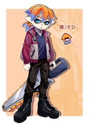 Rule 34 | 1boy, black footwear, black pants, blue eyes, blue hair, blue shirt, border, citrusplatsoda, colored tips, commentary request, full body, high tops, highres, holding, holding sword, holding weapon, inkling, inkling boy, inkling player character, jacket, male focus, medium hair, multicolored hair, nintendo, open clothes, open jacket, open mouth, orange background, orange hair, outside border, pants, pointy ears, red jacket, shirt, shoes, sneakers, solo, splatana stamper (splatoon), splatoon (series), splatoon 3, standing, sword, tentacle hair, translation request, two-tone hair, weapon, white border, zoom layer