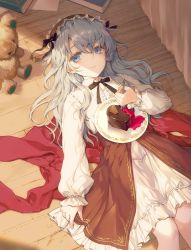 Rule 34 | 1girl, blue eyes, blue hair, blush, cake, closed mouth, food, fork, highres, holding, holding fork, indoors, kikugetsu, long hair, long sleeves, looking at viewer, lying, on back, original, plate, smile, solo, stuffed animal, stuffed toy, teddy bear