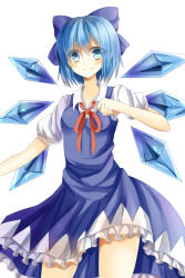 Rule 34 | 1girl, bad id, bad pixiv id, blue dress, blue eyes, blue hair, blush, bow, cirno, dress, dress shirt, frilled skirt, frills, hair bow, highres, hisui (sigurehisui), ice, ice wings, looking at viewer, matching hair/eyes, puffy short sleeves, puffy sleeves, red ribbon, ribbon, shirt, short hair, short sleeves, simple background, skirt, smile, solo, touhou, white background, white shirt, wings