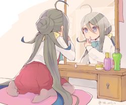Rule 34 | 1girl, ahoge, applying makeup, blue bow, blue hair, bottle, bow, bowtie, colis, commentary request, cosmetics, cushion, full body, grey eyes, grey hair, grey pantyhose, hair between eyes, hair bun, kantai collection, kiyoshimo (kancolle), lipstick, lipstick tube, long hair, long sleeves, looking at mirror, low twintails, makeup, mirror, multicolored hair, pantyhose, reflection, school uniform, shirt, single hair bun, sitting, solo, table, twintails, twitter username, vanity table, very long hair, wariza, white shirt