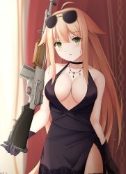 Rule 34 | 1girl, ahoge, automatic rifle, bare arms, bare shoulders, black choker, black dress, black gloves, blonde hair, blurry, blurry background, blush, breasts, choker, cleavage, collarbone, cowboy shot, curtains, depth of field, dress, eyewear on head, girls&#039; frontline, gloves, green eyes, gun, hair flaps, halter dress, halterneck, head tilt, highres, holding, holding gun, holding weapon, indoors, jewelry, keenh, large breasts, light machine gun, light particles, long hair, looking at viewer, m1918 (girls&#039; frontline), m1918 (tender nocturne) (girls&#039; frontline), m1918 bar, machine gun, necklace, official alternate costume, parted lips, side slit, sidelocks, solo, squad automatic weapon, standing, strap gap, sunglasses, weapon