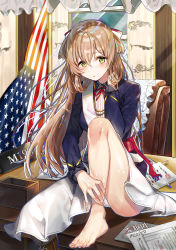 Rule 34 | 1girl, :o, american flag, bad id, bad pixiv id, barefoot, blush, boots, brown hair, character name, dress, feet, female focus, flag, girls&#039; frontline, gloves, unworn gloves, green eyes, hair between eyes, hand in own hair, hand up, highres, indoors, jacket, k2h, leaning forward, leg up, lips, long hair, looking at viewer, military, military uniform, nail polish, open clothes, open jacket, shoes, unworn shoes, sitting, solo, sparkle, springfield (girls&#039; frontline), toes, uniform, white background, white dress