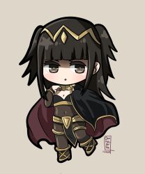 Rule 34 | 1girl, black cape, black hair, blunt bangs, bodystocking, brown eyes, cape, chibi, covered navel, dated, fire emblem, fire emblem awakening, full body, highres, kagura oni, long hair, looking at viewer, nintendo, parted lips, solo, tharja (fire emblem), twintails