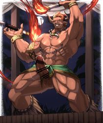 Rule 34 | 1boy, abs, armlet, armpits, bar censor, bara, bellsaltr, censored, dark-skinned male, dark skin, draph, erection, facial hair, feet out of frame, fire, goatee, granblue fantasy, highres, lantana (granblue fantasy), large pectorals, large penis, loincloth, male focus, mature male, muscular, muscular male, necklace, nipple chain, nipples, nude, orange hair, pectorals, penis, pointy ears, short hair, smile, smirk, solo, standing, stomach, sweat, thick thighs, thighs, tooth necklace, uncensored, veins