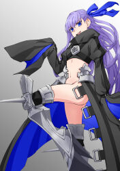Rule 34 | 1girl, :d, absurdres, armor, ass, black thighhighs, blue eyes, blue ribbon, fate/extra, fate/extra ccc, fate (series), flat chest, greaves, hair ribbon, highres, long hair, looking at viewer, meltryllis (fate), navel, open mouth, purple hair, ribbon, sin seishun, sleeves past wrists, smile, solo, teeth, thighhighs