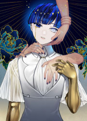 Rule 34 | 1other, absurdres, androgynous, bangle, blue eyes, blue hair, blunt bangs, bracelet, collar, collared shirt, colored eyelashes, crying, crying with eyes open, crystal hair, flower, gold, golden arms, head tilt, heterochromia, highres, houseki no kuni, jewelry, looking at viewer, other focus, phosphophyllite, phosphophyllite (ll), see-through, shirt, short hair, solo, spoilers, tarantulaines, tears, upper body, white eyes