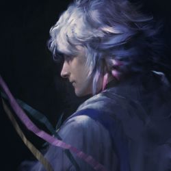 Rule 34 | 1boy, black background, fate/grand order, fate (series), highres, long hair, male focus, merlin (fate), painting (medium), realistic, simple background, solo, traditional media, watercolor (medium), white hair