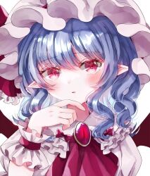 Rule 34 | 1girl, ascot, bat wings, blue hair, bow, hat, hat ribbon, jaku sono, looking at viewer, medium hair, mob cap, parted lips, pointy ears, red ascot, red bow, red eyes, red ribbon, remilia scarlet, ribbon, simple background, slit pupils, solo, touhou, upper body, white background, white hat, wings, wrist cuffs