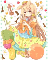Rule 34 | 1girl, absurdres, animal ears, bad id, bad pixiv id, bare shoulders, blonde hair, blush, boots, closed mouth, commentary, detached sleeves, floral print, flower, full body, green pantyhose, hair between eyes, hair flower, hair ornament, highres, long hair, long sleeves, looking at viewer, orange headwear, orange shirt, orange sleeves, original, pantyhose, pleated skirt, pocket watch, print skirt, rabbit ears, red eyes, rose print, scissors, shirt, skirt, sleeveless, sleeveless shirt, smile, solo, striped clothes, striped headwear, symbol-only commentary, tsukiyo (skymint), very long hair, watch, white background, wide sleeves, yellow flower, yellow footwear, yellow skirt