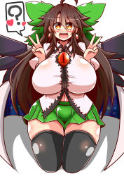 Rule 34 | 1girl, ?, ahoge, black wings, blush, bow, breasts, brown hair, cape, curvy, double v, hair bow, heart, highres, huge breasts, jpeg artifacts, long hair, looking at viewer, microskirt, open mouth, red hair, reiuji utsuho, rindou (p41neko), seiza, sitting, skirt, smile, solo, spoken question mark, thick thighs, thighs, touhou, v, very long hair, wide hips, wings