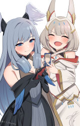 Rule 34 | 2girls, absurdres, animal ears, artist name, bare shoulders, black dress, black gloves, blue eyes, blush, cat ears, cat girl, cellphone, closed eyes, closed mouth, commentary request, dress, elbow gloves, fangs, gloves, grey hair, head wings, highres, holding, holding phone, japanese clothes, kimono, long hair, melia antiqua, multiple girls, namu (112namu), nia (xenoblade), open mouth, phone, rex (xenoblade), short hair, smartphone, smile, spoilers, upper body, white kimono, wings, xenoblade chronicles (series), xenoblade chronicles 3