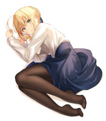 Rule 34 | 1girl, absurdres, ahoge, artoria pendragon (all), artoria pendragon (fate), black pantyhose, blonde hair, blush, braid, breasts, fate/stay night, fate (series), full body, green eyes, highres, looking at viewer, lq saku, lying, medium breasts, on side, pantyhose, saber (fate), skirt, solo