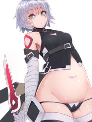 Rule 34 | 1girl, bandaged arm, bandages, black thighhighs, breasts, cleavage, cleavage cutout, clothing cutout, facial scar, fate/apocrypha, fate/grand order, fate (series), green eyes, grey hair, holding, holding knife, jack the ripper (fate/apocrypha), knife, looking at viewer, navel, open mouth, scar, scar across eye, scar on cheek, scar on face, shiny skin, short hair, shoulder tattoo, small breasts, solo, tattoo, thighhighs, tostos