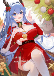 Rule 34 | 1girl, :3, absurdres, antlers, ariko (aaaaarik), artist name, azur lane, bell, blue eyes, blue hair, bow, box, breasts, cat, champagne flute, character cookie, christmas, christmas tree, crossed bangs, cup, dress, drinking glass, fake antlers, gift, gift box, gingerbread cookie, gingerbread man, hair bow, hair intakes, hands up, heart, highres, holding, holding tray, horns, large breasts, light blush, long hair, looking at viewer, meowfficer (azur lane), merry christmas, neck bell, new jersey (azur lane), open mouth, red bow, red dress, reindeer antlers, salute, santa costume, santa dress, sparkle, thighhighs, tray, two-finger salute, white thighhighs