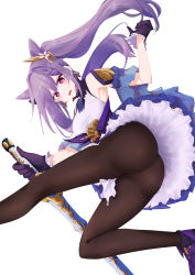 Rule 34 | 1girl, absurdres, artist request, ass, bare shoulders, blush, breasts, dress, from below, genshin impact, gloves, hair ornament, highres, keqing (genshin impact), long hair, looking at viewer, looking down, open mouth, pantyhose, purple eyes, purple hair, reverse grip, short dress, skirt, solo, sword, twintails, very long hair, weapon