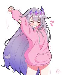 Rule 34 | 1girl, :3, absurdres, arm up, bare legs, blunt bangs, blush, closed eyes, closed mouth, diadem, flipped hair, gradient hair, hand on own arm, highres, hololive, hood, hoodie, jewel under eye, koseki bijou, long hair, multicolored hair, pink hoodie, puffy sleeves, shutowl, solo, stretching, very long hair, white background
