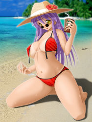 Rule 34 | 1girl, :p, barefoot, beach, bikini, bikini tan, breasts, breasts apart, day, drink, drinking straw, flower, front-tie top, hat, hat flower, head tilt, hibiscus, keito, kneeling, large breasts, long hair, looking at viewer, ocean, original, outdoors, photo background, purple hair, red bikini, sand, shadow, solo, striped bikini, striped clothes, sunglasses, sweat, swimsuit, tan, tanline, tongue, tongue out, untied, water, yellow eyes