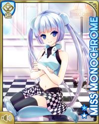 Rule 34 | 1girl, armor, blue eyes, blunt bangs, card, character name, checker pattern, chestplate, closed mouth, day, girlfriend (kari), hallway, indoors, miss monochrome, miss monochrome (character), official art, qp:flapper, shirt, sitting, skirt, smile, solo, tagme, thighhighs, twintails, white footwear, white hair, white shirt