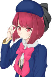 Rule 34 | 1girl, arima kana, beret, black bow, black vest, blue hat, blue jacket, blush, bob cut, bow, closed mouth, commentary request, dress, dress shirt, hat, hat bow, hat ribbon, highres, inverted bob, jacket, long sleeves, omorino 1, oshi no ko, pink ribbon, playing with own hair, pout, red eyes, red hair, ribbon, school uniform, shirt, short hair, simple background, solo, unhappy, upper body, vest, white background, white shirt, youtou high school uniform