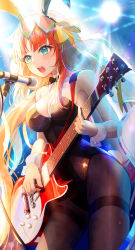 Rule 34 | 1girl, alternate costume, animal ears, aqua eyes, black bow, black bowtie, black leotard, black pantyhose, bow, bowtie, breasts, cleavage, commentary request, detached collar, electric guitar, fake animal ears, genshin impact, guitar, highres, holding, holding instrument, instrument, leotard, long hair, medium breasts, microphone, nilou (genshin impact), open mouth, pantyhose, pistachiocream, playboy bunny, rabbit ears, rabbit tail, red hair, revision, solo, thighs, white wrist cuffs, wrist cuffs