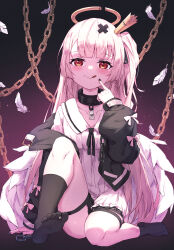 Rule 34 | 1girl, :q, absurdres, black jacket, black nails, black ribbon, black socks, chain, closed mouth, collared dress, commentary request, crown, dress, feathers, hair ornament, hair ribbon, halo, hand up, highres, indie virtual youtuber, jacket, knee up, long hair, long sleeves, looking at viewer, masaki (msk064), mini crown, nail polish, no shoes, off shoulder, one side up, open clothes, open jacket, puffy long sleeves, puffy sleeves, red eyes, ribbon, sitting, sleeves past wrists, smile, socks, soles, solo, tilted headwear, tokusari kukuri, tongue, tongue out, very long hair, virtual youtuber, white dress, white feathers, white hair, x hair ornament