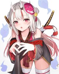 Rule 34 | 1girl, bare shoulders, bell, black kimono, blush, commentary request, double-parted bangs, double bun, gradient hair, hair bell, hair between eyes, hair bun, hair ornament, highres, hololive, horns, iruka3, japanese clothes, karma (nakiri ayame), kimono, kouhaku nawa, leaning forward, long hair, long sleeves, looking at viewer, mask, multicolored hair, nakiri ayame, nakiri ayame (1st costume), off shoulder, oni, oni mask, open mouth, red eyes, red hair, red kimono, rope, shimenawa, simple background, skin-covered horns, solo, streaked hair, tabi, thighhighs, thighs, two side up, virtual youtuber, white background, white hair, white thighhighs