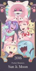 Rule 34 | 1boy, 1girl, :d, absurdres, bewear, blue eyes, blue hair, bow, bowtie, colored skin, commentary request, copyright name, creatures (company), earrings, eyelashes, game freak, gen 1 pokemon, gen 2 pokemon, gen 7 pokemon, green eyes, hat, highres, james (pokemon), jessie (pokemon), jewelry, long hair, mareanie, meowth, mimikyu, nintendo, on shoulder, open mouth, pink headwear, pink shirt, pokemon, pokemon (anime), pokemon (creature), pokemon on shoulder, pokemon sm (anime), polka dot neckwear, purple skin, red hair, red neckwear, ruru (gi xxy), shirt, smile, star (symbol), suspenders, team rocket, teeth, tongue, wobbuffet