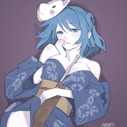 Rule 34 | 10s, 1girl, artist name, between breasts, blue eyes, blue hair, blush, breasts, double bun, fox mask, gun, hand to own mouth, japanese clothes, kantai collection, kimono, large breasts, looking at viewer, lying, masato (mirai koubou), mask, mask on head, matching hair/eyes, obi, off shoulder, on back, parted lips, rifle, sash, signature, solo, urakaze (kancolle), weapon, yukata