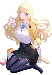 Rule 34 | 1girl, ahoge, bag, baguette, black pantyhose, black skirt, blonde hair, blue eyes, braid, bread, breasts, closed mouth, commentary request, food, full body, hair between eyes, hand up, handbag, highres, holding, jacket, large breasts, legs, long hair, long sleeves, looking at viewer, no shoes, open clothes, open jacket, original, pantyhose, revision, ririko (zhuoyandesailaer), saegusa futaba, shirt, simple background, sitting, skirt, solo, very long hair, wariza, white background, white shirt, yellow jacket