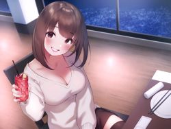 Rule 34 | 1girl, black thighhighs, breasts, brown eyes, brown hair, chopsticks, cleavage, clothes lift, collarbone, cup, drinking glass, drinking straw, indoors, large breasts, long sleeves, original, parted lips, plate, pokachu, shirt lift, short hair, sitting, skirt, smile, solo, sweater, thighhighs, towel, white sweater, wooden floor, zettai ryouiki
