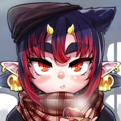 Rule 34 | animal ears, blue hair, blush, brown hat, brown scarf, character request, close-up, closed mouth, commentary request, commission, copyright request, earrings, food, fukumaaya, grey background, grey outline, hat, holding, holding food, horns, jewelry, looking at viewer, medium hair, multicolored hair, nail polish, orange eyes, outline, pointy ears, red hair, red nails, scarf, shadow, sidelocks, skeb commission, skull, solo, straight-on, thick eyebrows, tsurime, two-tone hair