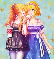 Rule 34 | 2girls, alice margatroid, alternate costume, alternate hairstyle, bag, bare shoulders, bendy straw, blonde hair, blue background, blue eyes, bow, braid, breasts, casual, collarbone, contemporary, cup, dress, drinking straw, closed eyes, food, hair bow, hair ornament, hair scrunchie, hairband, handbag, heart, holding hands, ice cream, ice cream cone, kirisame marisa, looking at viewer, multiple girls, open mouth, pantyhose, polka dot, polka dot dress, ponytail, print dress, purple legwear, scrunchie, short dress, short hair, single braid, sleeveless, sleeveless dress, sprinkles, star (symbol), star print, starry background, thigh gap, touhou, vetina