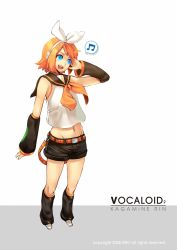 Rule 34 | 1girl, aqua eyes, bad id, bad pixiv id, beamed quavers, blonde hair, blue eyes, bow, character name, copyright name, copyright notice, groin, hair bow, hand on own ear, kagamine rin, musical note, navel, open mouth, short hair, simple background, siro (asteblanc), smile, solo, speech bubble, spoken musical note, vocaloid