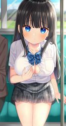 Rule 34 | 1girl, black hair, black skirt, blue eyes, bow, bowtie, breast pocket, breasts, cleavage, collarbone, collared shirt, dress shirt, frown, highres, large breasts, long hair, looking at viewer, miniskirt, mizukoshi (marumi), original, partially unbuttoned, plaid, plaid skirt, pleated skirt, pocket, school uniform, shirt, short sleeves, sidelocks, sitting, skirt, solo, thighs, train interior, white shirt