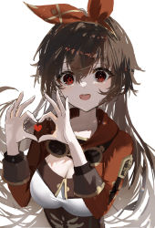 Rule 34 | 1girl, :d, amber (genshin impact), blush, breasts, brown hair, commentary, crossed bangs, genshin impact, goggles, goggles around neck, hair between eyes, hair ribbon, heart, heart hands, highres, long hair, looking at viewer, medium breasts, open mouth, raiya atelier, red eyes, red ribbon, ribbon, shrug (clothing), simple background, smile, solo, upper body, white background