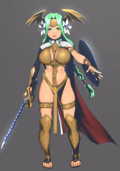 Rule 34 | 1girl, adapted costume, armor, breasts, cape, fire emblem, fire emblem: three houses, flower, full body, green eyes, green hair, grey background, hair flower, hair ornament, highres, holding, holding sword, holding weapon, large breasts, long hair, natto soup, nintendo, rhea (fire emblem), seiros (fire emblem), seiros shield, shield, simple background, solo, sword, sword of seiros, weapon