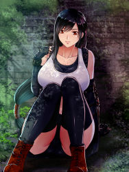 Rule 34 | 1girl, against wall, arm support, bike shorts, black hair, black thighhighs, breasts, collarbone, elbow gloves, final fantasy, final fantasy vii, final fantasy vii remake, gloves, highres, knees together feet apart, large breasts, long hair, looking at viewer, low-tied long hair, red eyes, red footwear, shade, shorts, shorts under skirt, sitting, smile, sports bra, suspenders, switch01, tank top, thighhighs, tifa lockhart, wall