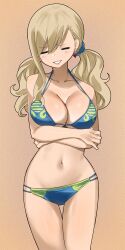 Rule 34 | 1girl, arms under breasts, bikini, blonde hair, breasts, cleavage, closed eyes, collarbone, colorized, earrings, eden&#039;s zero, gaston18, highres, jewelry, large breasts, long hair, mashima hiro, rebecca bluegarden, solo, swimsuit, twintails, underboob