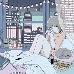 Rule 34 | 1girl, album cover, bed, blanket, book, building, cactus, candle, cat, cover, crescent moon, cup, dream catcher, drink, drinking, closed eyes, food, fork, fruit, glowing, grey cat, highres, indoors, knees up, lamp, leaf, moon, night, no mouth, no nose, noeru (noellemonade), original, pillow, pink eyes, pink shirt, plant, shirt, short sleeves, sitting, sleeping, strawberry, syrup, waffle, window