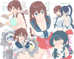 Rule 34 | 3girls, agano (kancolle), aqua background, bikini, black hair, blue eyes, blue hair, blue sailor collar, blush, bound, braid, grabbing another&#039;s breast, breasts, brown hair, cleavage, closed eyes, closed mouth, commentary request, enemy naval mine (kancolle), food, fugu custom, gloves, grabbing, holding, holding food, hug, hug from behind, kantai collection, large breasts, long hair, multiple girls, multiple views, noshiro (kancolle), open mouth, pleated skirt, ponytail, red skirt, sailor collar, school uniform, serafuku, sidelocks, simple background, skirt, sleeveless, swimsuit, tears, teeth, tentacles, tongue, translation request, twin braids, very long hair, wavy mouth, white background, white gloves, yahagi (kancolle), yuri