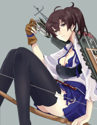 Rule 34 | 10s, 1girl, aircraft carrier, arrow (projectile), bad id, bad pixiv id, blush, bow (weapon), brown eyes, brown hair, japanese clothes, kaga (kancolle), kantai collection, military, military vehicle, muneate, personification, pokimari, ship, short hair, side ponytail, skirt, solo, thighhighs, torn clothes, torn thighhighs, warship, watercraft, weapon